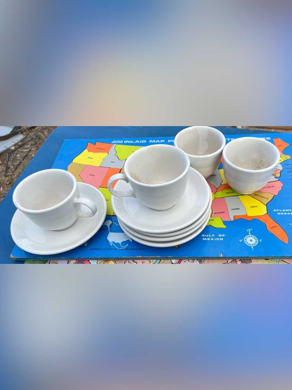 Fiesta-ware White Ceramic Cup and Saucer Set 5 Cups & Saucers Vintage